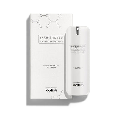 The r-Retinoate youth cream and Medik8's r-Retinoate® Day & Night Eye Serum feature minimalist packaging with molecular graphics. Both are infused with retinyl retinoate to target fine lines and wrinkles, promoting youthful radiance.