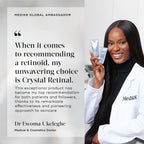 A doctor in a white coat smiles while holding Crystal Retinal® by Medik8, praised in text as an effective and innovative retinoid choice.
