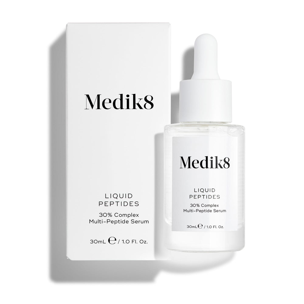 Medik8's Liquid Peptides™ comes in a 30ml dropper bottle with a white minimalist design, using advanced multi-peptide serum to target expression lines and deep wrinkles.