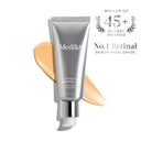 A silver tube of Medik8’s Crystal Retinal® is shown with an orange cream smear, award badge, and text stating it's the world’s No. 1 retinal serum, boasting 45+ global awards.