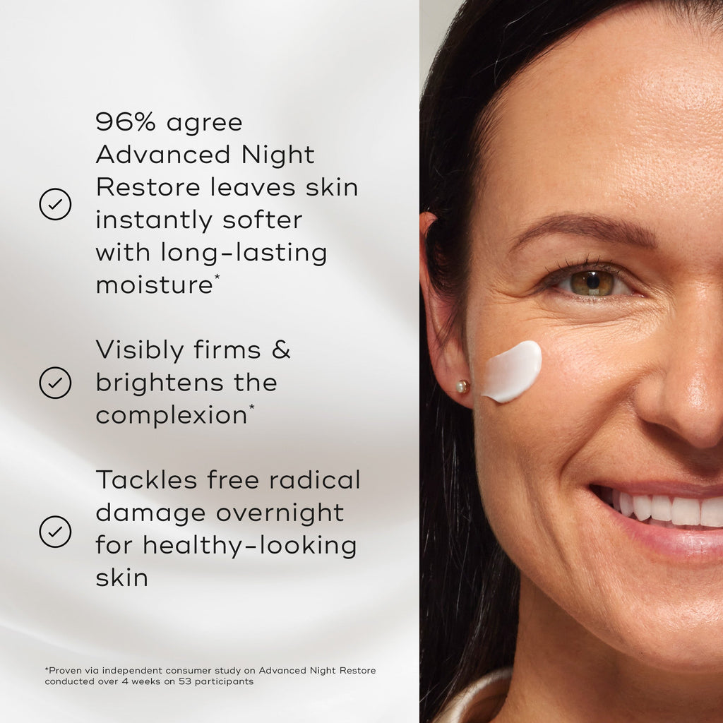 A person smiles while applying Medik8's Advanced Night Restore™ on their cheek, highlighting its benefits of improved skin softness, firmness, and visible plumping for a brighter complexion.