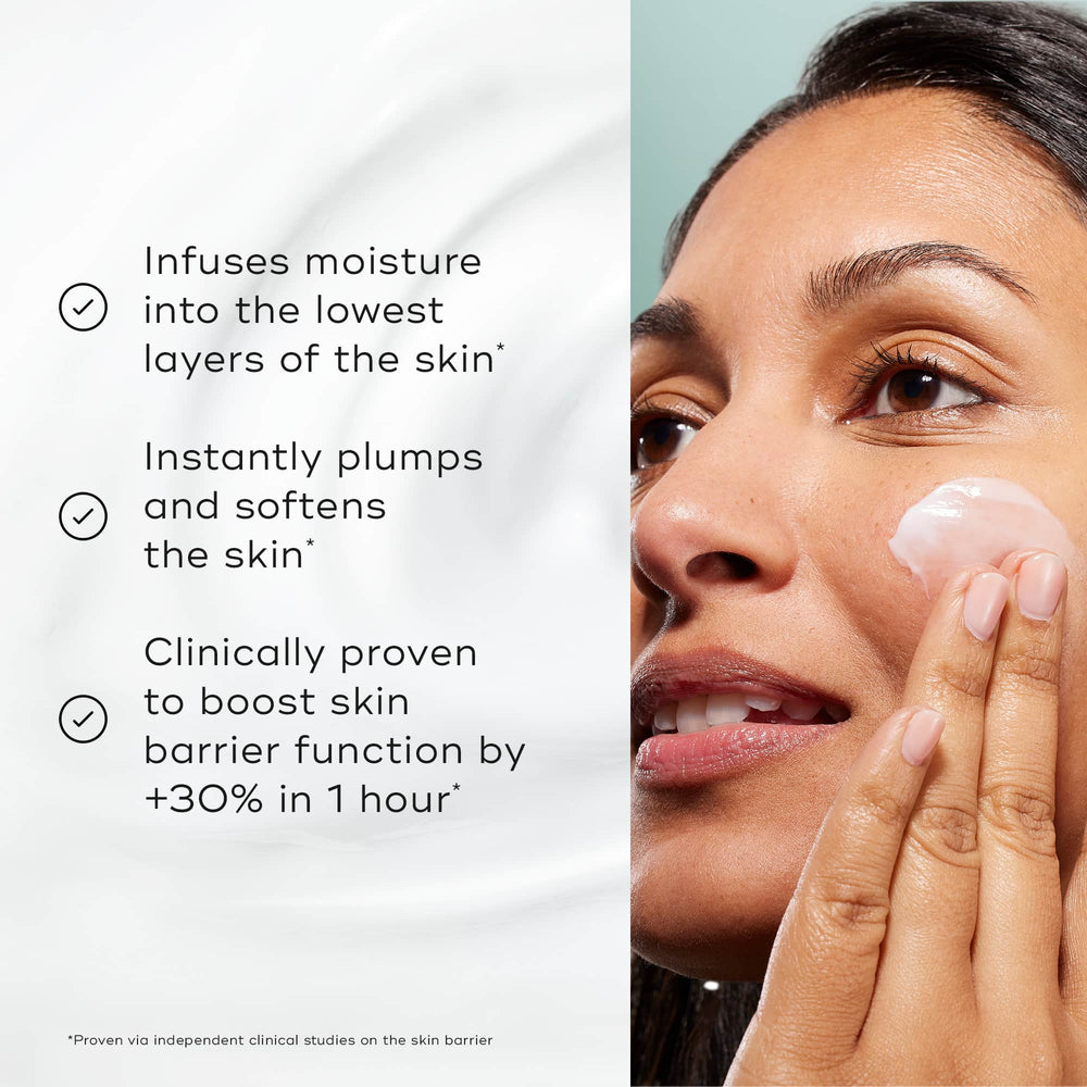A person uses Medik8's Total Moisture Daily Facial Cream™, highlighting benefits: moisture infusion, microbiome support, plumping, softening, and a 30% boost in skin barrier function within an hour.