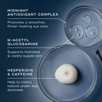 Medik8's Advanced Night Eye™ product image showcases labeled petri dishes with Midnight Antioxidant Complex, N-Acetyl Glucosamine, and Hesperidin & Caffeine, highlighting their nighttime rejuvenating benefits similar to potent vitamin A formulas.