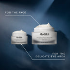 Two jars of Medik8's Advanced Night Eye™, enriched with vitamin A, sit elegantly against a dark blue background, expertly labeled for face and delicate eye area care.