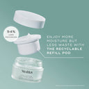 Image of Medik8's Total Moisture Daily Facial Cream™ showcasing its innovative recyclable refill pod, which uses 94% less packaging. Infused with a prebiotic peptide for microbiome support and deep moisturization.