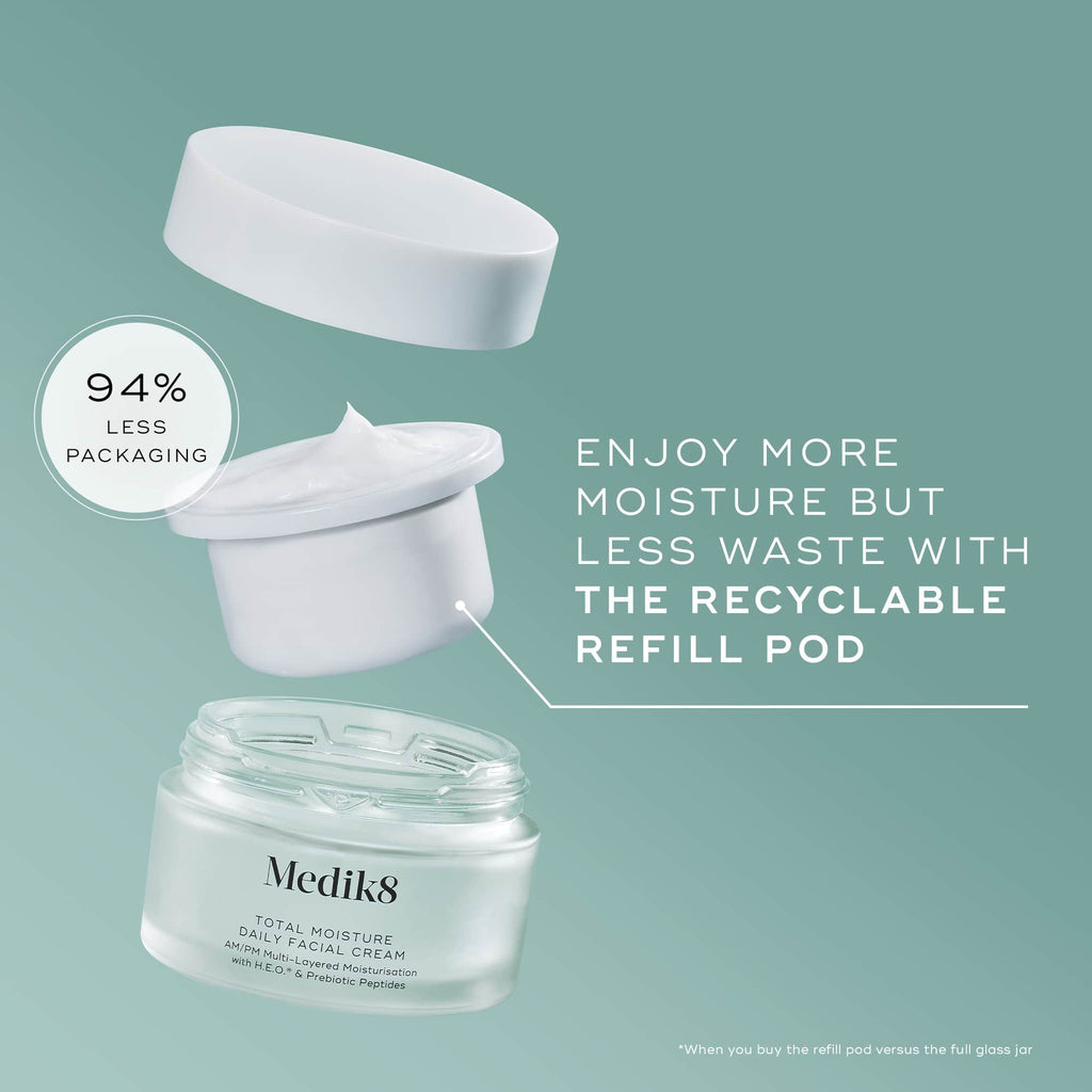 Image of Medik8's Total Moisture Daily Facial Cream™ showcasing its innovative recyclable refill pod, which uses 94% less packaging. Infused with a prebiotic peptide for microbiome support and deep moisturization.