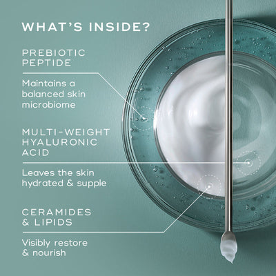 Medik8's Total Moisture Daily Facial Cream™ is a glass bowl with cream highlights featuring a prebiotic peptide for microbiome support, multi-weight hyaluronic acid for hydration, and ceramides & lipids to deeply moisturize skin.