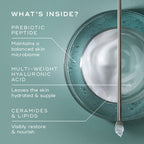 Medik8's Total Moisture Daily Facial Cream™ is a glass bowl with cream highlights featuring a prebiotic peptide for microbiome support, multi-weight hyaluronic acid for hydration, and ceramides & lipids to deeply moisturize skin.