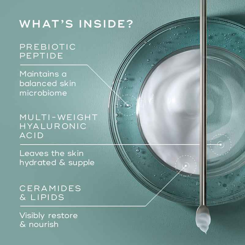 Medik8's Total Moisture Daily Facial Cream™ is a glass bowl with cream highlights featuring a prebiotic peptide for microbiome support, multi-weight hyaluronic acid for hydration, and ceramides & lipids to deeply moisturize skin.