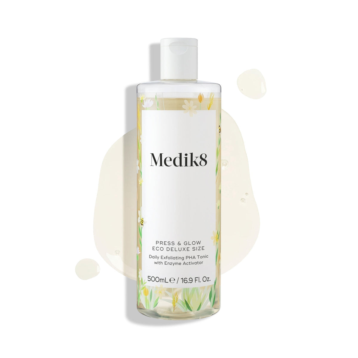 A 500mL bottle of Medik8 Press & Glow® daily exfoliating PHA tonic, enriched with enzyme activator and polyhydroxy acid, is shown on a white background with light liquid splashes—ideal for achieving glowing skin.