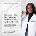Dr. Ewoma Ukeleghe, in a white lab coat, smiles while holding Medik8's Total Moisture Daily Facial Cream™, which features a prebiotic peptide for deeply moisturized skin and microbiome support.