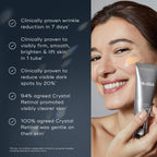 A smiling woman applies Crystal Retinal® by Medik8 to her cheek, showcasing its benefits like reducing wrinkles and dark spots while enhancing skin firmness and clarity as the ultimate anti-aging serum.