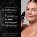 A woman holds a Medik8 Cyprus Liquid Peptides Advanced MP serum. The text emphasizes its efficacy: diminishes lines in 10 minutes, reduces wrinkles in 8 weeks, and prevents new lines for 86% of users with its powerful wrinkle-reducing formula.