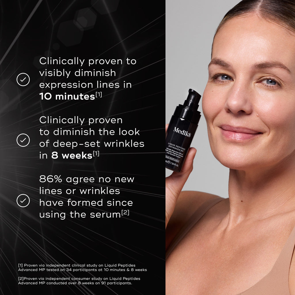 A woman holds a Medik8 Cyprus Liquid Peptides Advanced MP serum. The text emphasizes its efficacy: diminishes lines in 10 minutes, reduces wrinkles in 8 weeks, and prevents new lines for 86% of users with its powerful wrinkle-reducing formula.