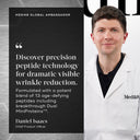 A person in a white coat stands beside text about precision peptide technology for wrinkle reduction, highlighting the innovative Liquid Peptides Advanced MP with Dual MiniProteins™ by Medik8 Cyprus.