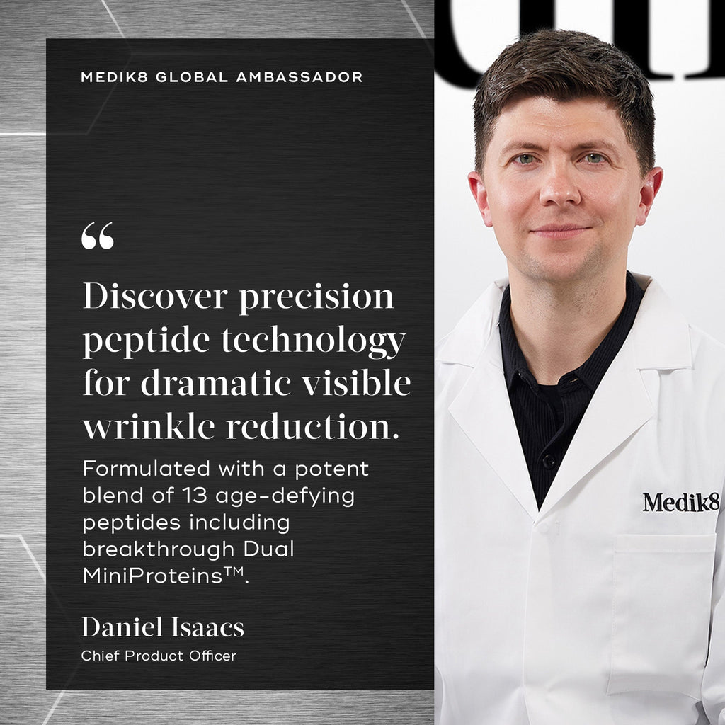 A person in a white coat stands beside text about precision peptide technology for wrinkle reduction, highlighting the innovative Liquid Peptides Advanced MP with Dual MiniProteins™ by Medik8 Cyprus.