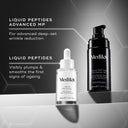 Two Medik8 Cyprus Liquid Peptides Advanced MP products, a dropper bottle and a pump bottle, are highlighted for their MiniProteins-infused formula with remarkable benefits for reducing deep-set wrinkles and anti-aging, offering a potent solution for rejuvenated skin.