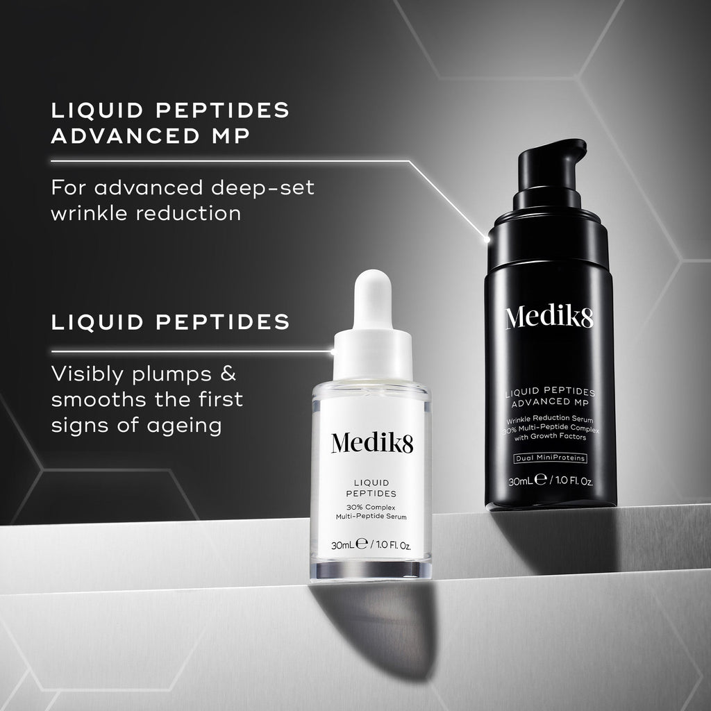 Two Medik8 Cyprus Liquid Peptides Advanced MP products, a dropper bottle and a pump bottle, are highlighted for their MiniProteins-infused formula with remarkable benefits for reducing deep-set wrinkles and anti-aging, offering a potent solution for rejuvenated skin.