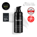 The Medik8 Cyprus Liquid Peptides Advanced MP serum comes in a black bottle with a pump and is surrounded by four 2025 beauty award badges, promising noticeable wrinkle reduction and a filler-like effect.