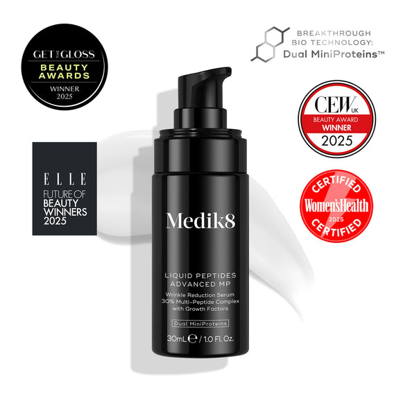 The Medik8 Cyprus Liquid Peptides Advanced MP serum comes in a black bottle with a pump and is surrounded by four 2025 beauty award badges, promising noticeable wrinkle reduction and a filler-like effect.