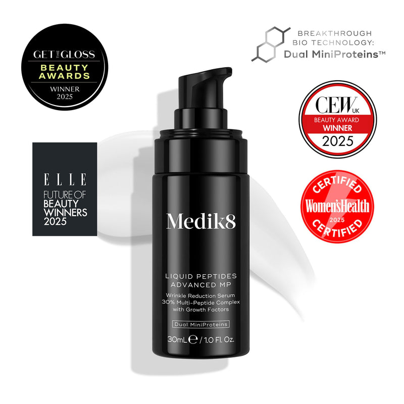 The Medik8 Cyprus Liquid Peptides Advanced MP serum comes in a black bottle with a pump and is surrounded by four 2025 beauty award badges, promising noticeable wrinkle reduction and a filler-like effect.