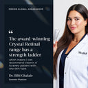 A woman in a white coat holds a Medik8 Crystal Retinal® tube, endorsed by a doctor as a vitamin A serum suitable for all skin types, highlighting its effective anti-aging benefits.