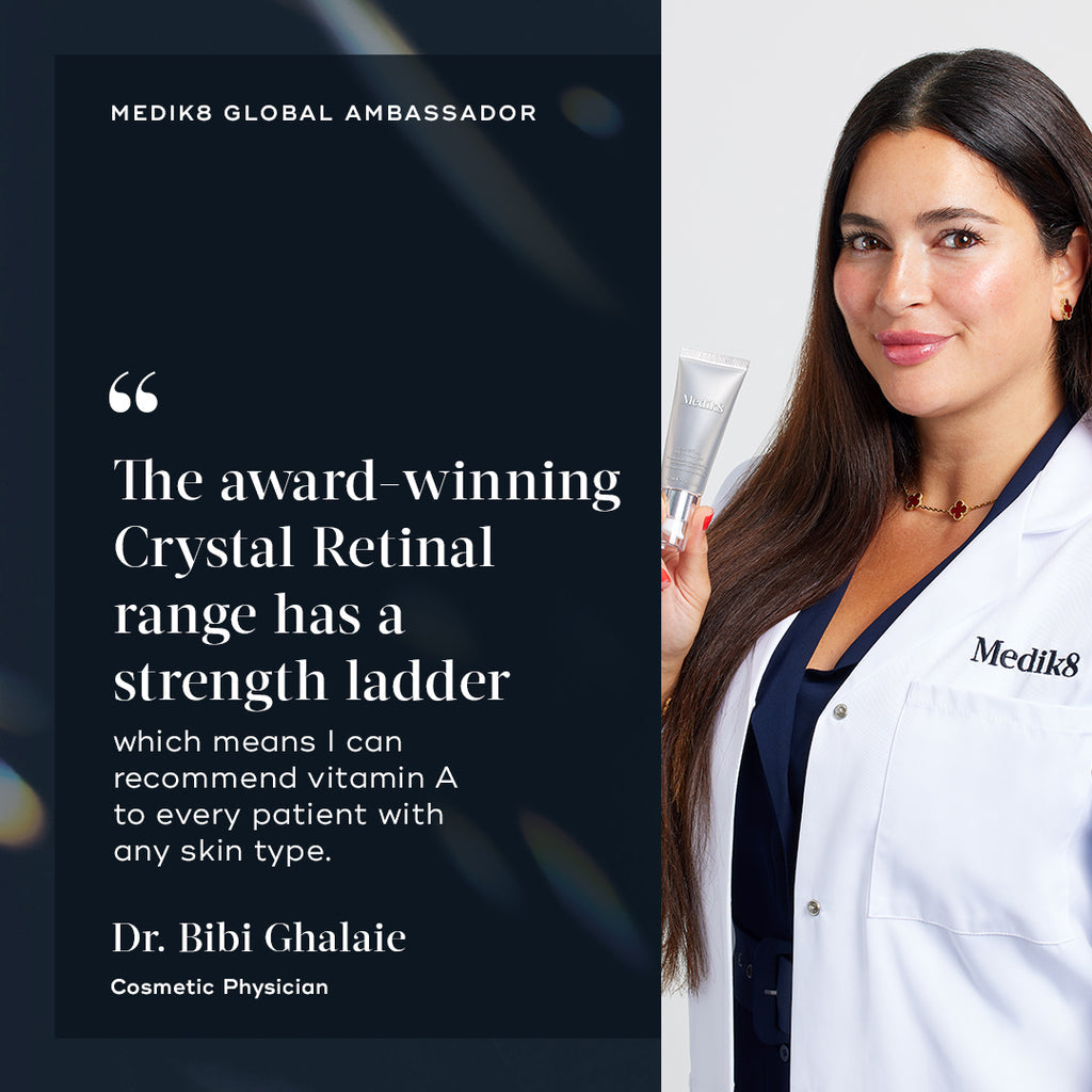 A woman in a white coat holds a Medik8 Crystal Retinal® tube, endorsed by a doctor as a vitamin A serum suitable for all skin types, highlighting its effective anti-aging benefits.
