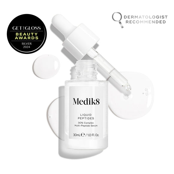 Medik8 Liquid Peptides™ peptide serum with dropper, liquid drops, beauty award badge, and dermatologist recommended label—an anti-aging favorite designed to visibly reduce wrinkles.