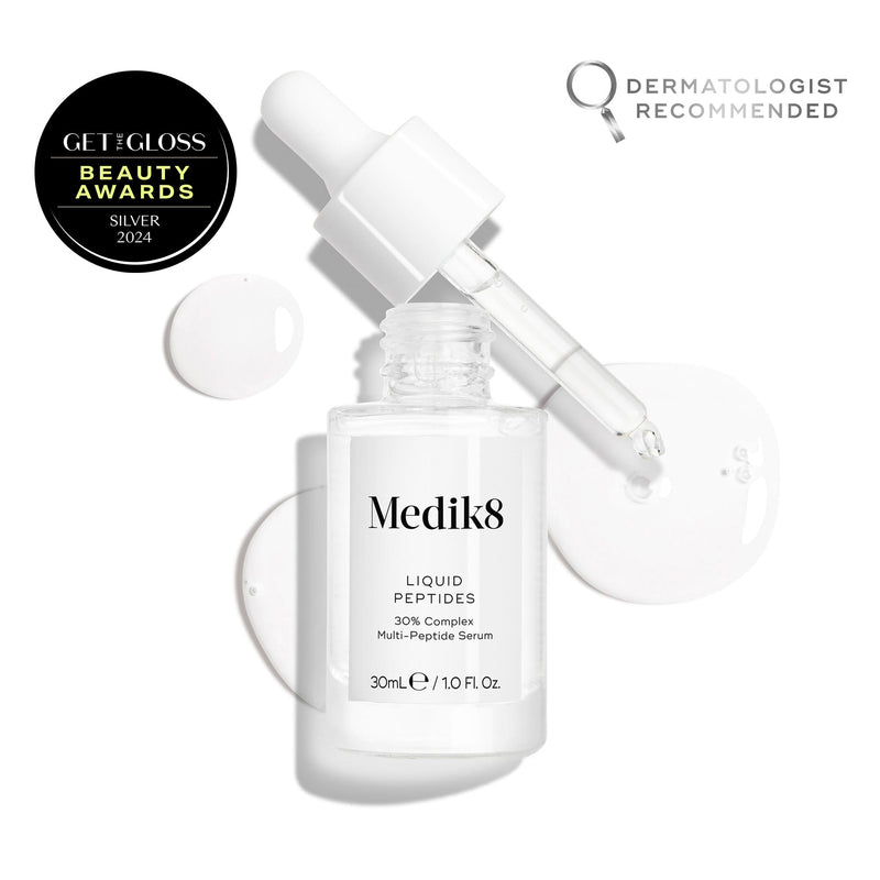 Medik8 Liquid Peptides™ peptide serum with dropper, liquid drops, beauty award badge, and dermatologist recommended label—an anti-aging favorite designed to visibly reduce wrinkles.