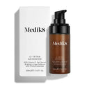A brown pump bottle of Medik8 Cyprus C-Tetra® Advanced sits beside its white box, both labeled with product details. This vitamin C gel-serum is renowned for accelerated skin brightening and anti-ageing benefits.