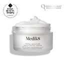 A jar of Medik8 Total Moisture Daily Facial Cream™ with the lid off, showing the cream inside and award plus dermatologist recommended badges behind. Contains hyaluronic acid to support your skin barrier as a daily moisturiser.
