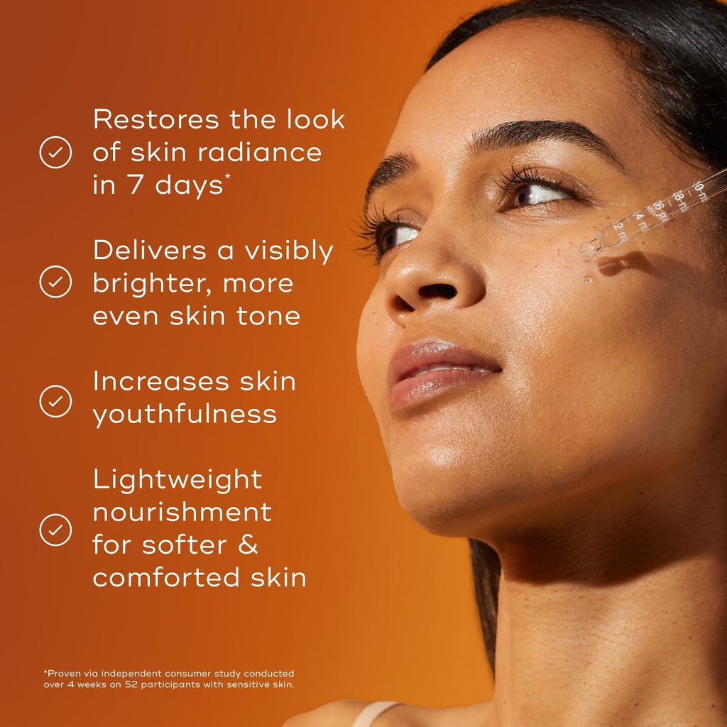 A woman with glowing skin applies Medik8 C-Tetra® vitamin C serum to her cheek, highlighting skincare benefits like radiance, brightness, youthfulness, and nourishment in just seven days.