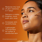 A woman with glowing skin applies Medik8 C-Tetra® vitamin C serum to her cheek, highlighting skincare benefits like radiance, brightness, youthfulness, and nourishment in just seven days.