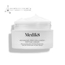 A white jar labeled "Advanced Pro-Collagen+ Peptide Cream" by Medik8 Cyprus, filled with white cream. Highlights include growth factors, NAD+ longevity booster, and anti-aging benefits for firmer skin.
