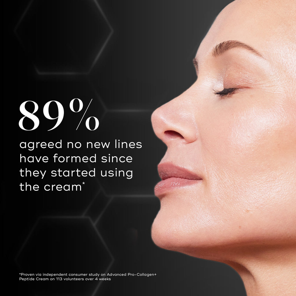 Close-up of a woman in profile with eyes closed, alongside text: 89% agreed no new lines formed since using Medik8 Cyprus Advanced Pro-Collagen+ Peptide Cream (Travel Size), based on an independent consumer study.