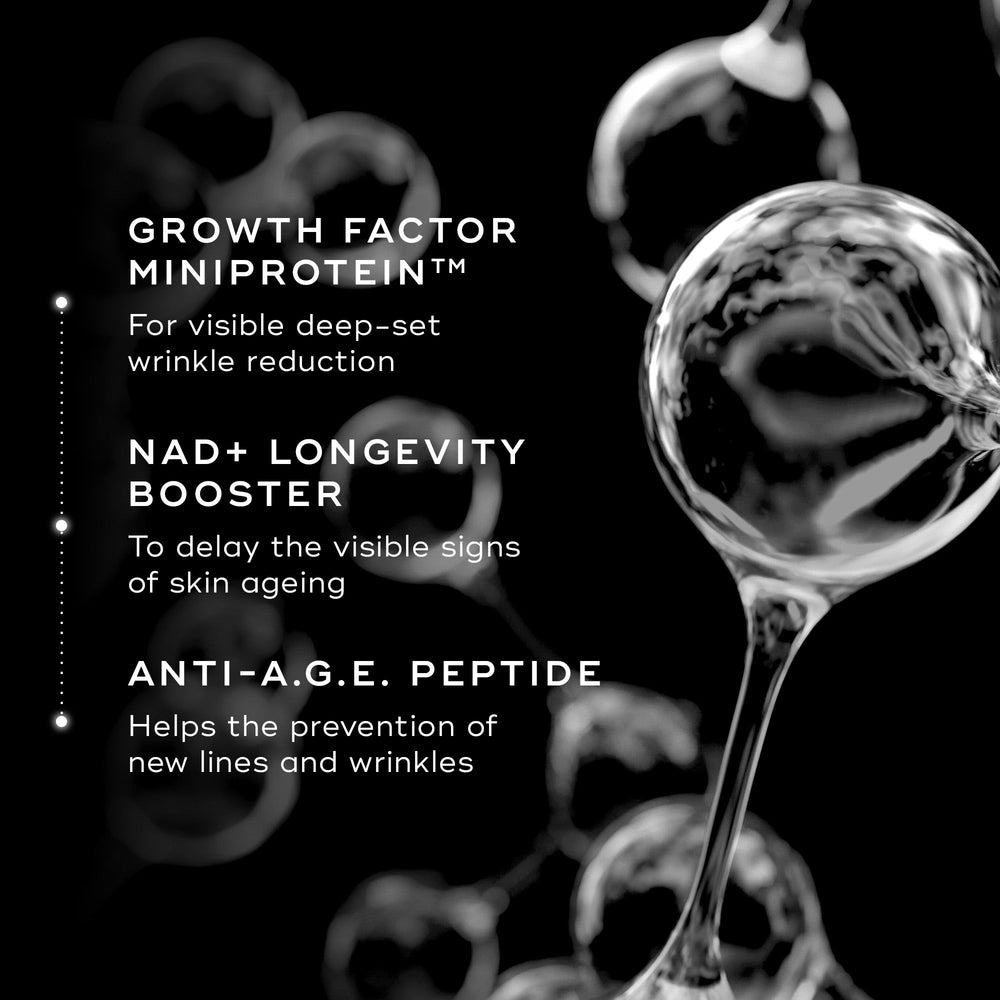 Black background with abstract silver liquid shapes. Text highlights Medik8 Cyprus Advanced Pro-Collagen+ Peptide Cream (Travel Size) features: Growth Factor Miniprotein, NAD+ Longevity Booster, anti-A.G.E. peptide for firm, youthful skin and collagen support.