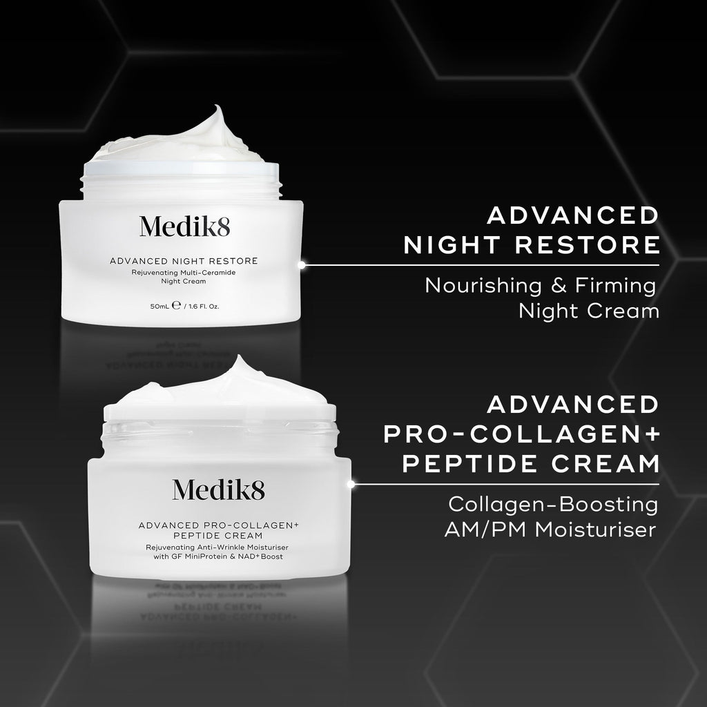 Two jars of Medik8 Cyprus creams are shown: Advanced Night Restore (night cream) and Advanced Pro-Collagen+ Peptide Cream (Travel Size), each labeled to support skin firmness with advanced anti-aging peptide benefits.