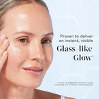 A woman applies Medik8 Cyprus Niacinamide Peptides serum, revealing dewy, pore-refining results. Text on image: "Proven to deliver an instant, visible glass-like glow." Study details appear in small print below.