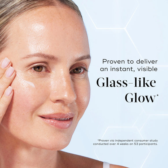 A woman applies Medik8 Cyprus Niacinamide Peptides serum, revealing dewy, pore-refining results. Text on image: "Proven to deliver an instant, visible glass-like glow." Study details appear in small print below.-hover-81