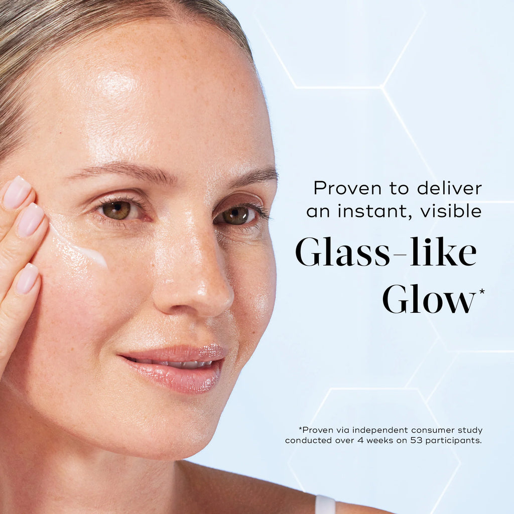 A woman applies Medik8 Cyprus Niacinamide Peptides serum, revealing dewy, pore-refining results. Text on image: "Proven to deliver an instant, visible glass-like glow." Study details appear in small print below.