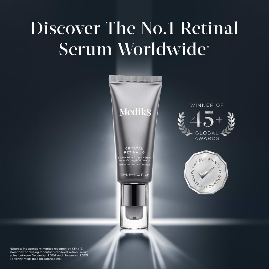 A tube of Medik8 Crystal Retinal® is shown upright against a dark background, highlighted as the top retinal serum and winner of 45+ global awards.