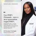 A woman in a Medik8 Cyprus lab coat stands beside a quote from Dr. Ewoma Ukeleghe, Medical & Cosmetics Doctor, about Exo-PDRN Prismatic+ vegan PDRN, set against a neutral background.