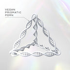 A 3D triangular DNA double helix model labeled "Exo-PDRN Prismatic+" from Medik8 Cyprus on a soft iridescent background.