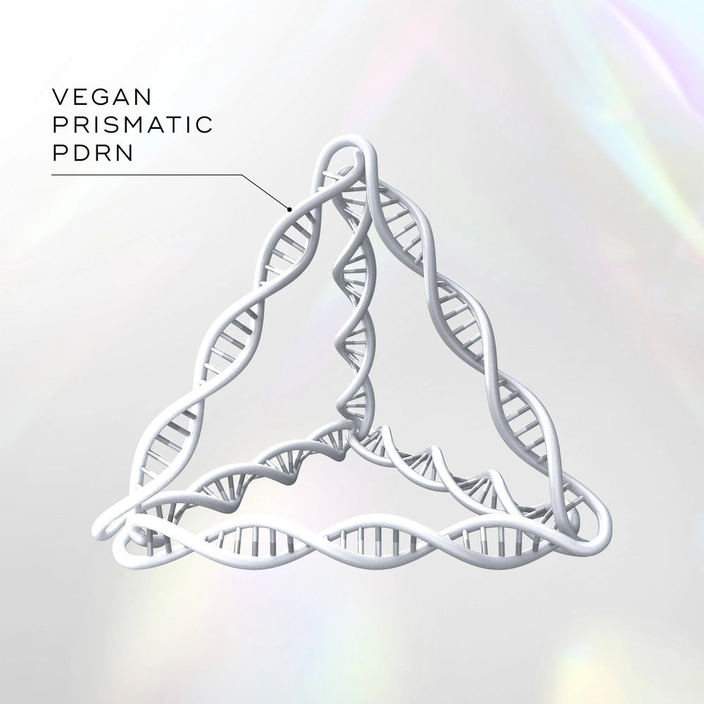 A 3D triangular DNA double helix model labeled "Exo-PDRN Prismatic+" from Medik8 Cyprus on a soft iridescent background.
