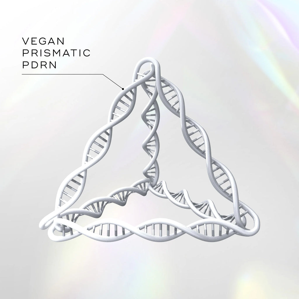 A 3D triangular DNA double helix model labeled "Exo-PDRN Prismatic+" from Medik8 Cyprus on a soft iridescent background.