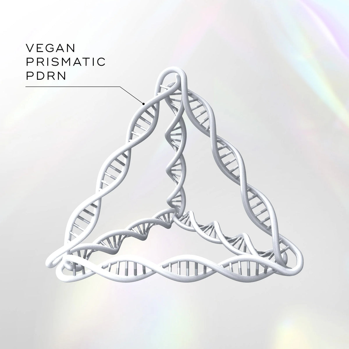 A 3D triangular DNA double helix model labeled "Exo-PDRN Prismatic+" from Medik8 Cyprus on a soft iridescent background.