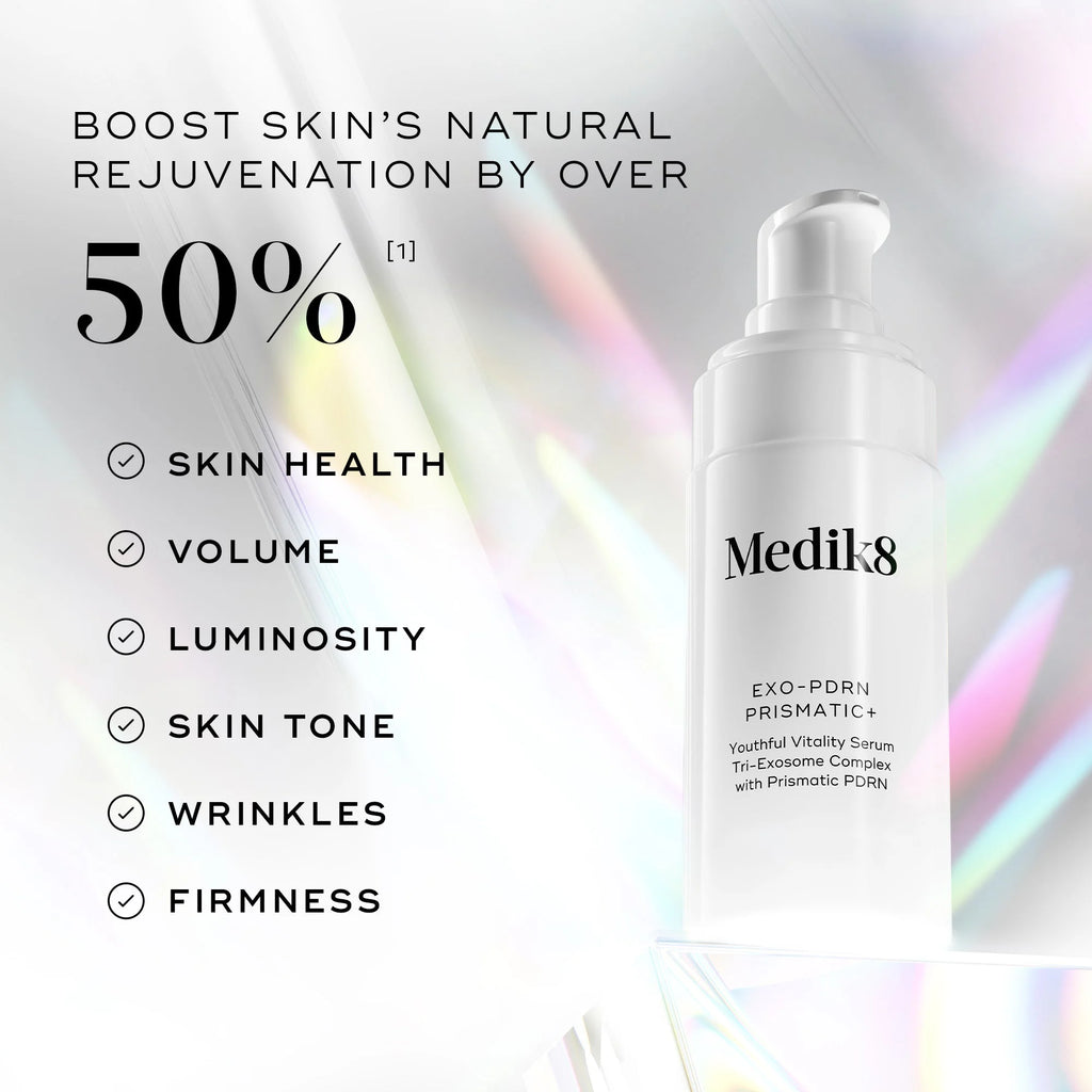 White bottle of Medik8 Cyprus Exo-PDRN Prismatic+ serum with text highlighting benefits: boosts skin’s natural rejuvenation by over 50%, improves health, volume, luminosity, tone, wrinkles, and firmness.