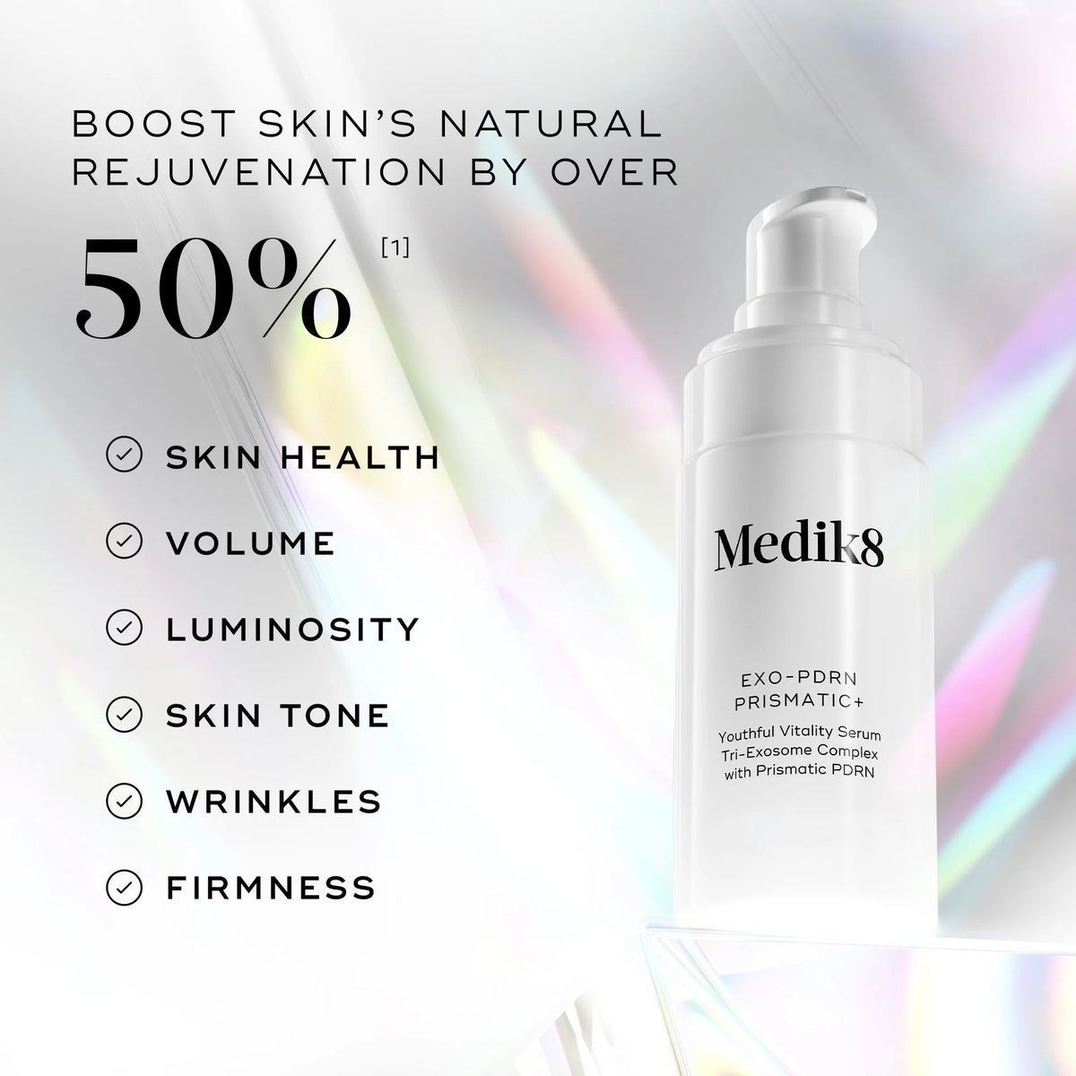White bottle of Medik8 Cyprus Exo-PDRN Prismatic+ serum with text highlighting benefits: boosts skin’s natural rejuvenation by over 50%, improves health, volume, luminosity, tone, wrinkles, and firmness.