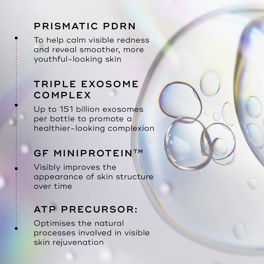 A list of skincare ingredients and benefits appears beside translucent bubbles on a soft gradient background. Text highlights Medik8 Cyprus Exo-PDRN Prismatic+ with prismatic PDRN, exosome complex, GF miniprotein, and ATP precursor.