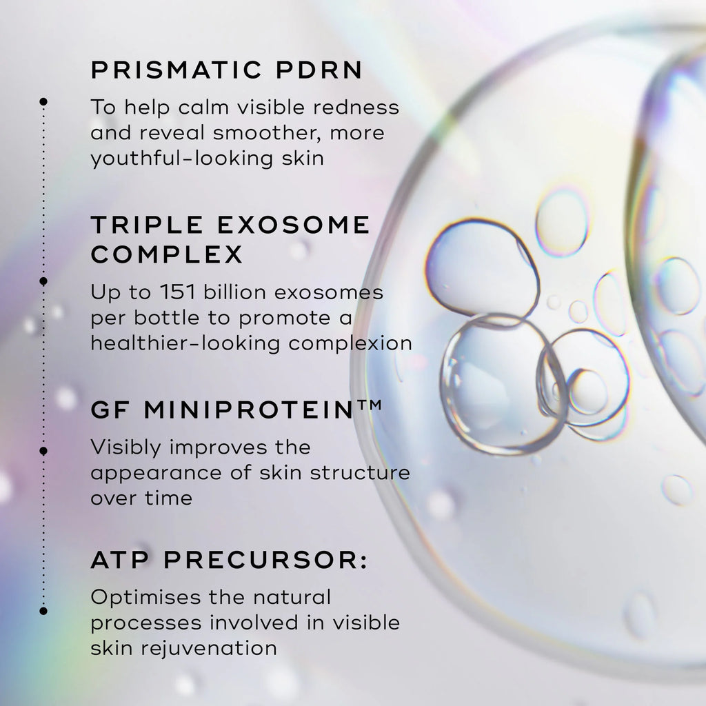 A list of skincare ingredients and benefits appears beside translucent bubbles on a soft gradient background. Text highlights Medik8 Cyprus Exo-PDRN Prismatic+ with prismatic PDRN, exosome complex, GF miniprotein, and ATP precursor.